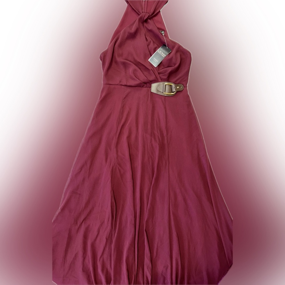 NWT Ralph Lauren Buckle Trim Georgette Halter Gown - Picture 5 of 11